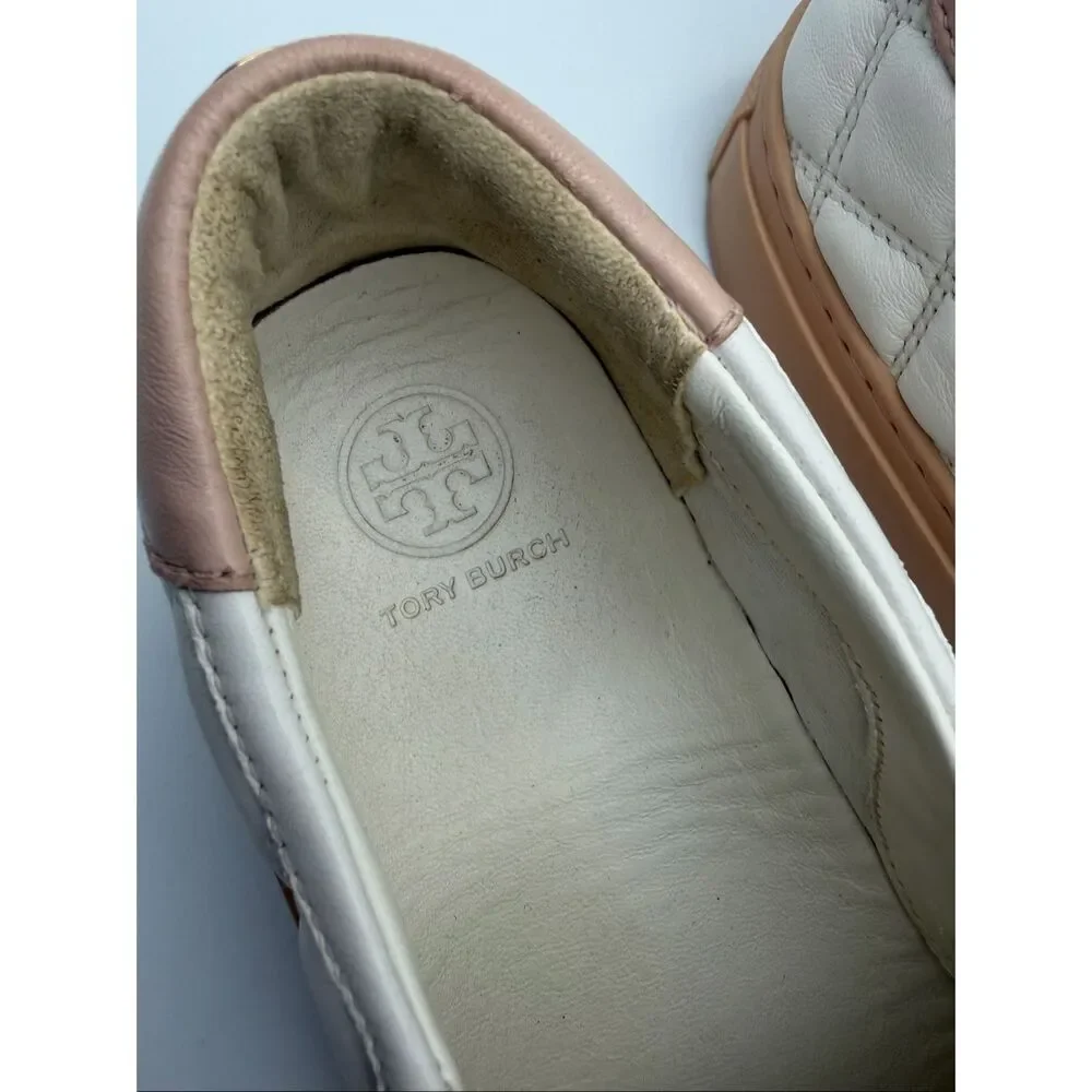 Tory Burch Willa Quilted Leather Slip On Sneakers Ivory Blush Size 7